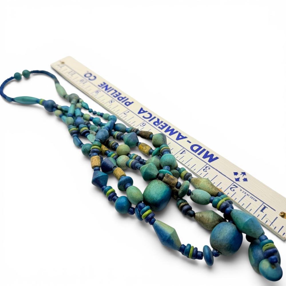 Vintage Multi Strand Wood Bead Necklace Blue Green Teal Boho Geometric Statement - Picture 15 of 16